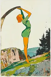 Midjourney generated image using SREF code Retro Flashback: A woman in a green bathing suit standing on a cliff.