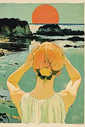 Midjourney generated image using SREF code Retro Flashback: A painting of a woman standing on a beach with her hands on her head.