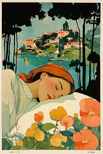 Midjourney generated image using SREF code Retro Flashback: A painting of a woman sleeping in a bed surrounded by flowers.