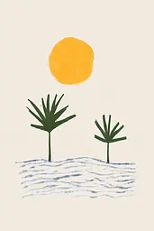 Midjourney generated image using SREF code Playful Silhouette: A drawing of two palm trees in the water with a sun in the background.