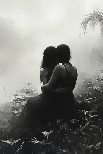 Midjourney generated image using SREF code Fogbound Aesthetics: A couple of women sitting on top of a lush green field.