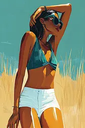 Midjourney generated image using SREF code Colorburst Fiesta: A woman in a bikini and sunglasses standing in a field.