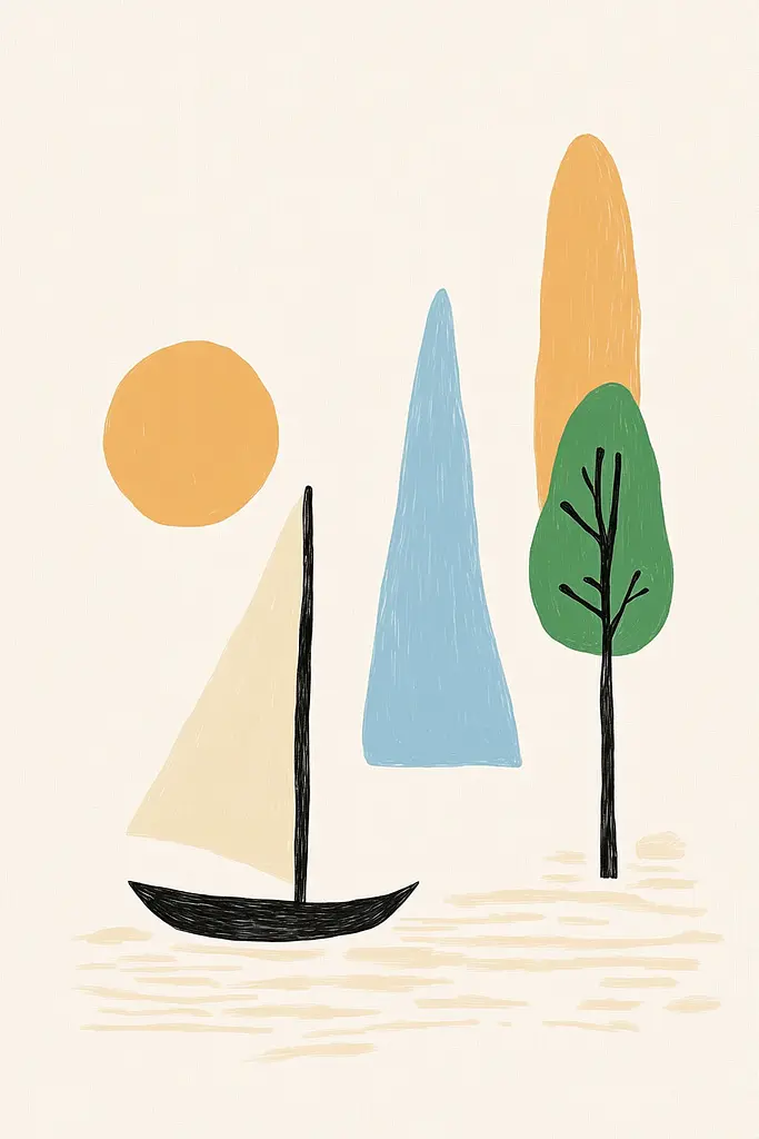 Midjourney generated image using SREF code Playful Silhouette: A drawing of a sailboat in the water with trees in the background.