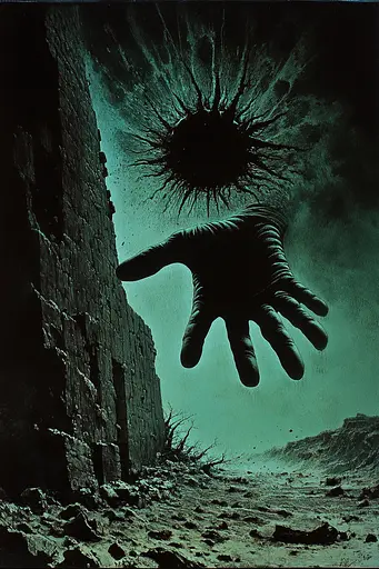 Midjourney generated image using SREF code Ominous Alienscape: A poster for a horror movie with a hand reaching out of a wall.