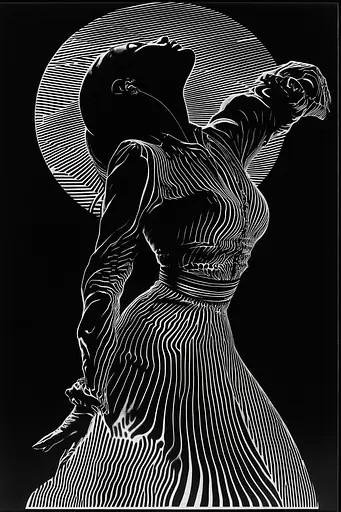 Midjourney generated image using SREF code Fractured Realms: A black and white drawing of a woman in a dress.