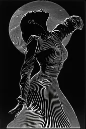 Midjourney generated image using SREF code Fractured Realms: A black and white drawing of a woman in a dress.