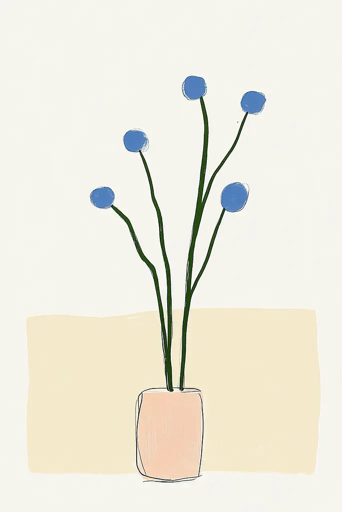 Midjourney generated image using SREF code Playful Silhouette: A drawing of a vase with blue flowers in it.