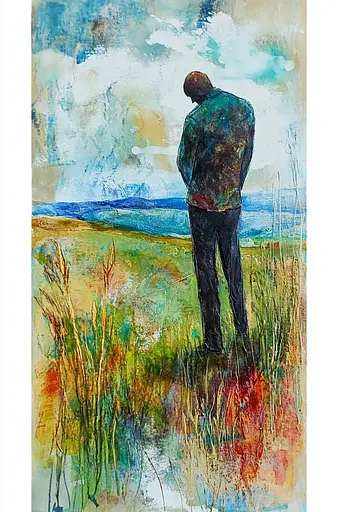 Midjourney generated image using SREF code Ethereal Gardens: A painting of a man standing in a field.