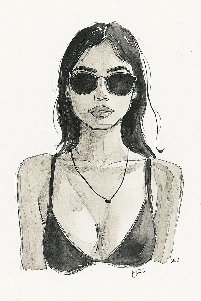 Midjourney generated image using SREF code Serene Ephemera: A black and white drawing of a woman wearing sunglasses.