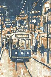 Midjourney generated image using SREF code Ethereal Petals: A painting of a tram on a city street at night.