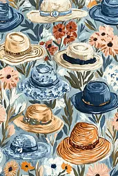 Midjourney generated image using SREF code Ethereal Petals: A pattern of hats and flowers on a blue background.