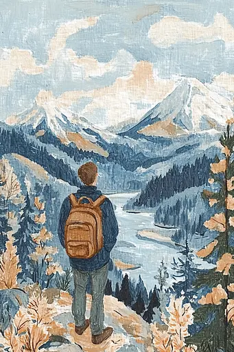 Midjourney generated image using SREF code Ethereal Petals: A painting of a man with a backpack looking out over a mountain range.