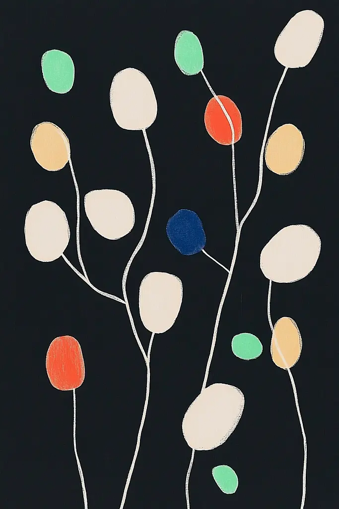 Midjourney generated image using SREF code Playful Silhouette: A painting of a bunch of colorful balloons on a black background.