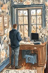 Midjourney generated image using SREF code Ethereal Petals: A painting of a man standing in front of a desk with a computer.