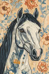 Midjourney generated image using SREF code Ethereal Petals: A painting of a horse with flowers in the background.