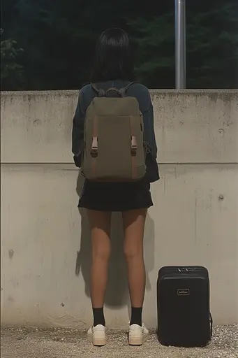 Midjourney generated image using SREF code Chiaroscuro Chronicles: A woman standing next to a wall with a backpack and a suitcase.