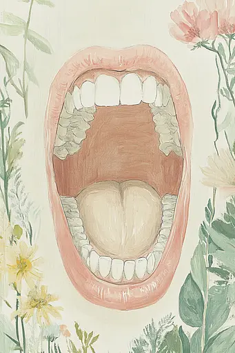 Midjourney generated image using SREF code Floral Fantasies: A drawing of a woman's mouth with flowers in the background.