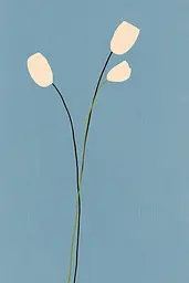 Midjourney generated image using SREF code Playful Silhouette: A painting of three white flowers on a blue background.