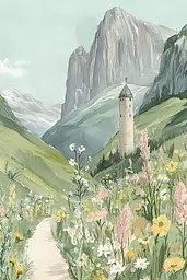 Midjourney generated image using SREF code Floral Fantasies: A painting of a path leading to a tower in the mountains.