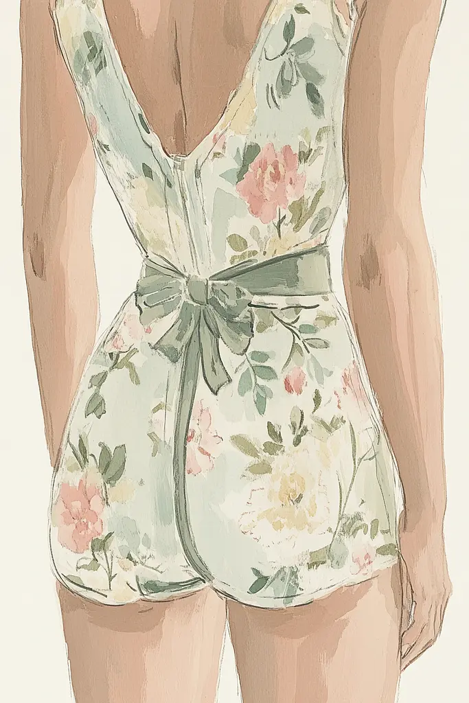 Midjourney generated image using SREF code Floral Fantasies: A drawing of a woman wearing a floral romper.