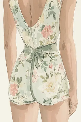 Midjourney generated image using SREF code Floral Fantasies: A drawing of a woman wearing a floral romper.