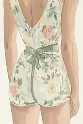 Midjourney generated image using SREF code Floral Fantasies: A drawing of a woman wearing a floral romper.