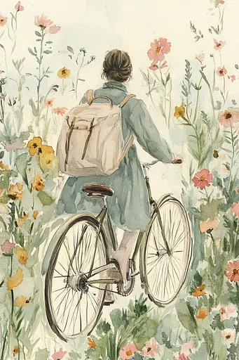 Midjourney generated image using SREF code Floral Fantasies: A painting of a woman riding a bike through a field of flowers.