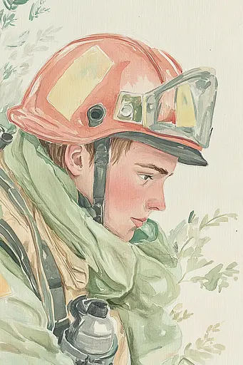 Midjourney generated image using SREF code Floral Fantasies: A watercolor painting of a firefighter wearing a helmet and goggles.