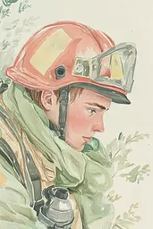 Midjourney generated image using SREF code Floral Fantasies: A watercolor painting of a firefighter wearing a helmet and goggles.