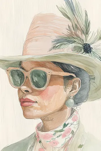 Midjourney generated image using SREF code Floral Fantasies: A watercolor painting of a woman wearing a hat and sunglasses.