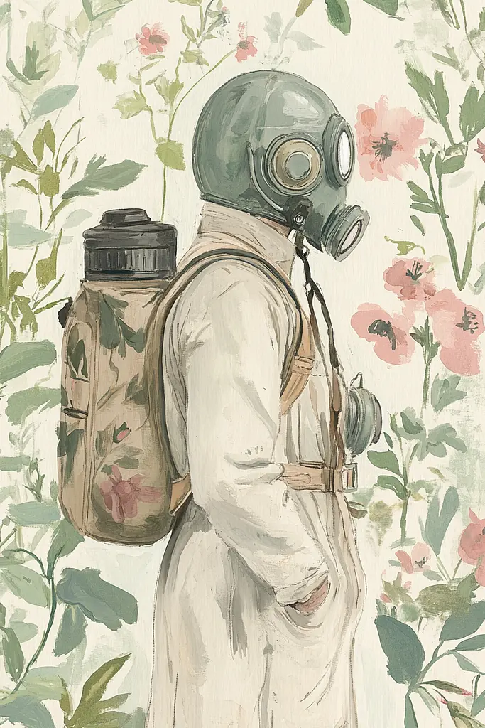 Midjourney generated image using SREF code Floral Fantasies: A painting of a man wearing a gas mask and carrying a backpack.