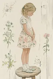 Midjourney generated image using SREF code Floral Fantasies: A drawing of a little girl standing on a stool.