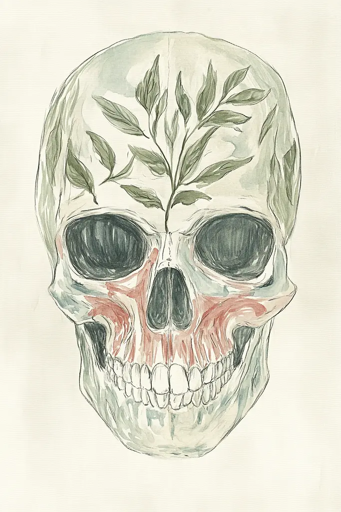 Midjourney generated image using SREF code Floral Fantasies: A drawing of a skull with a plant growing out of it.