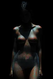 Midjourney generated image using SREF code Electric Dreams: A woman in a bodysuit with a black background.