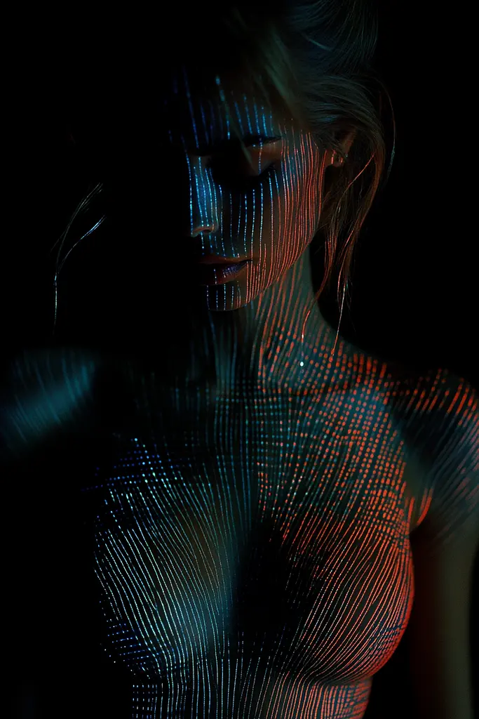 Midjourney generated image using SREF code Electric Dreams: A woman with glowing lines on her body. 