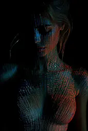 Midjourney generated image using SREF code Electric Dreams: A woman with glowing lines on her body. 