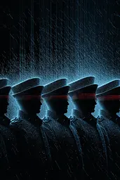 Midjourney generated image using SREF code Electric Dreams: A group of men in military uniforms standing in the rain.