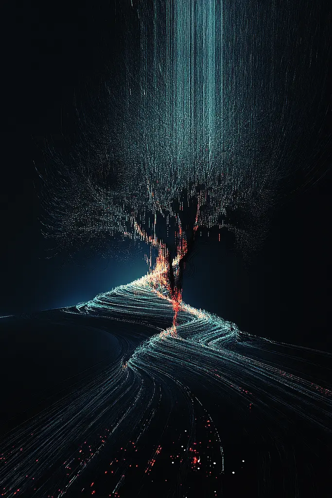 Midjourney generated image using SREF code Electric Dreams: A long exposure shot of a tree in the middle of a road.