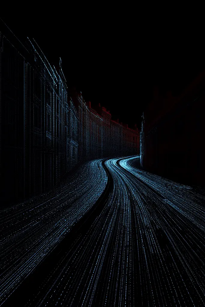 Midjourney generated image using SREF code Electric Dreams: A long exposure shot of a train track at night.