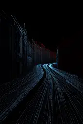 Midjourney generated image using SREF code Electric Dreams: A long exposure shot of a train track at night.