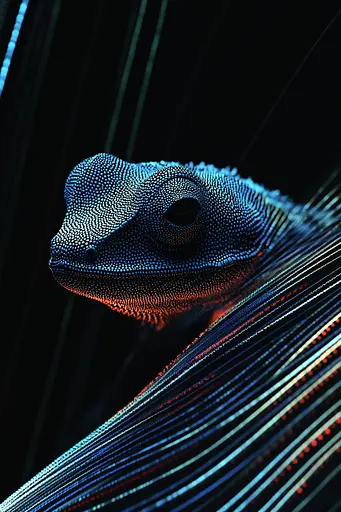 Midjourney generated image using SREF code Electric Dreams: A close up of a gecko on a black background.