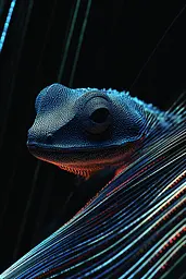 Midjourney generated image using SREF code Electric Dreams: A close up of a gecko on a black background.