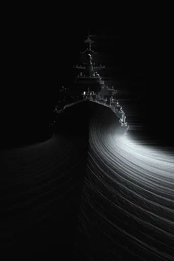 Midjourney generated image using SREF code Electric Dreams: A black and white photo of a large battleship in the ocean.