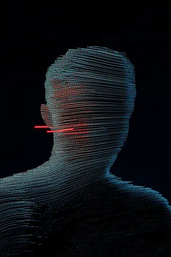 Midjourney generated image using SREF code Electric Dreams: A man's head is shown with a red line coming out of his mouth.