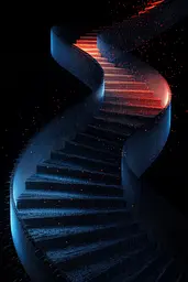 Midjourney generated image using SREF code Electric Dreams: A set of stairs that are lit up in red and blue.