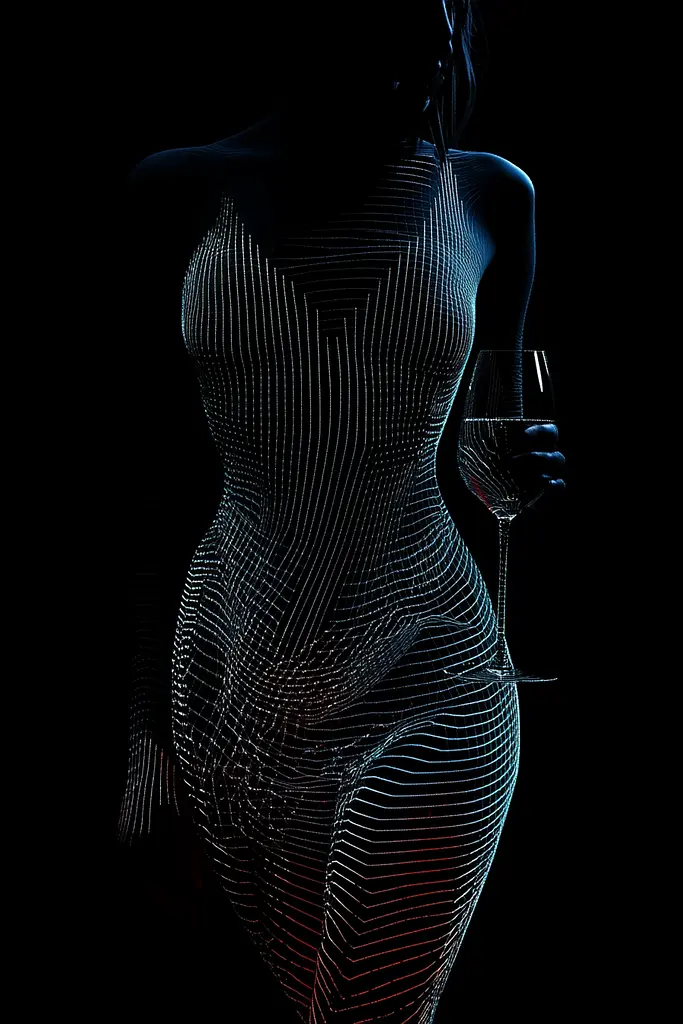 Midjourney generated image using SREF code Electric Dreams: A woman in a body suit holding a glass of wine.