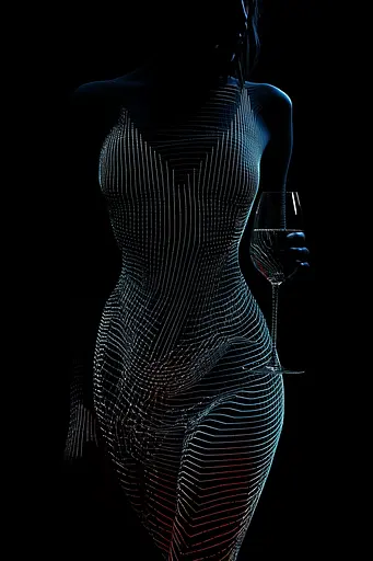 Midjourney generated image using SREF code Electric Dreams: A woman in a body suit holding a glass of wine.