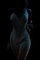 Midjourney generated image using SREF code Electric Dreams: A woman in a body suit holding a glass of wine.