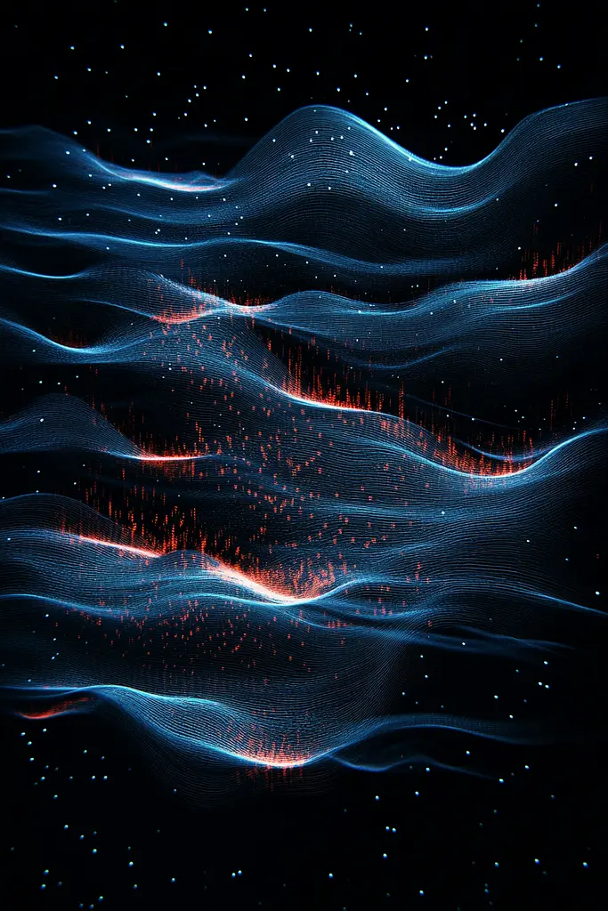 Midjourney generated image using SREF code Electric Dreams: A black background with a blue and red wave pattern.