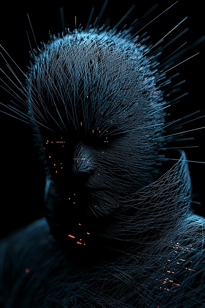 Midjourney generated image using SREF code Electric Dreams: A close up of a porcupine's face in the dark.